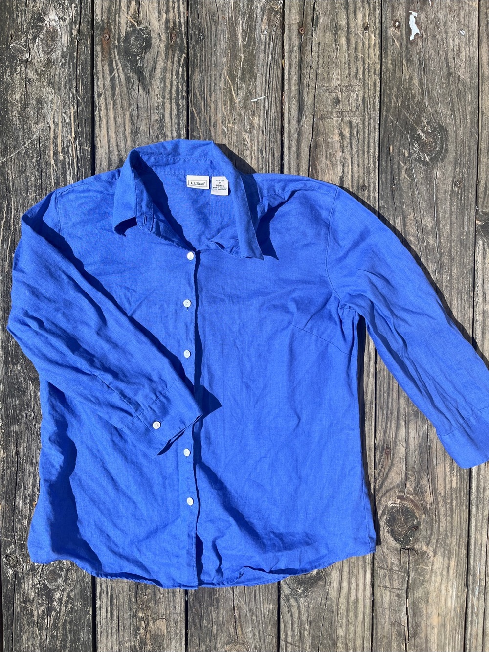 LL Bean 100% Linen Blue 3/4 Sleeve Button Down